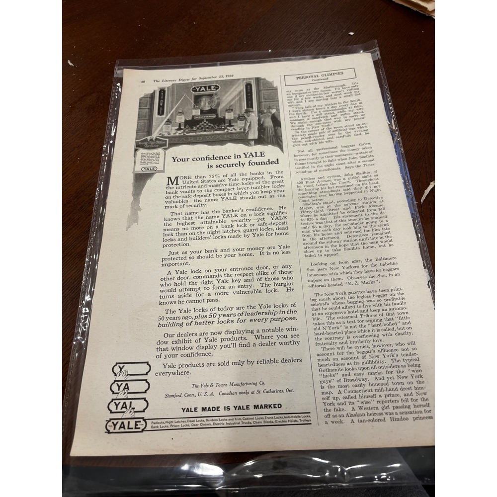 Vintage 1922 Yale Hardware Du Pont Print Ad Black White Literary Digest Ephemera